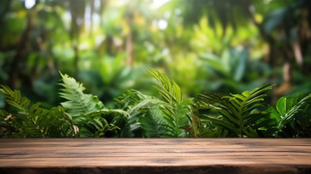The empty rustic wooden table for product display with blur background of tropical jungle. Generative AI image AIG30.の素材