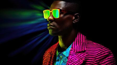 Young male model posing with trendy man fashion outfit and colorful vibrant glowing green and pink optical art abstract background. Picturesque generative AIの素材