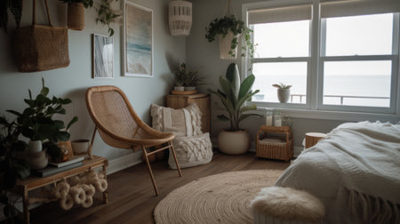 Bedroom decor, home interior design . Coastal Boho style with View decorated with Rattan and Linen material . Generative AI AIG26.の素材