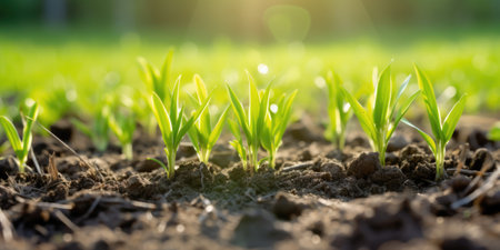 Springtime corn field with fresh, green sprouts in soft focus. beautiful Generative AI AIG32の素材