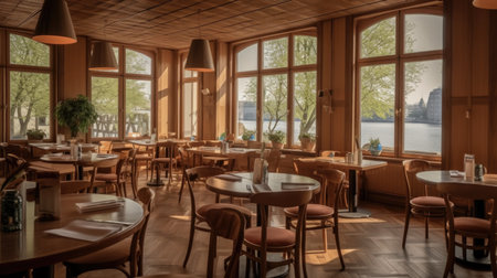 The restaurant interior with wooden furniture and lighting equipment in beautiful view outside the window. Generative AI AIG27.の素材