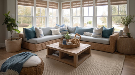 Living room decor, home interior design . Coastal Farmhouse style with Large windows decorated with Wood and Wicker material . Generative AI AIG26.の素材
