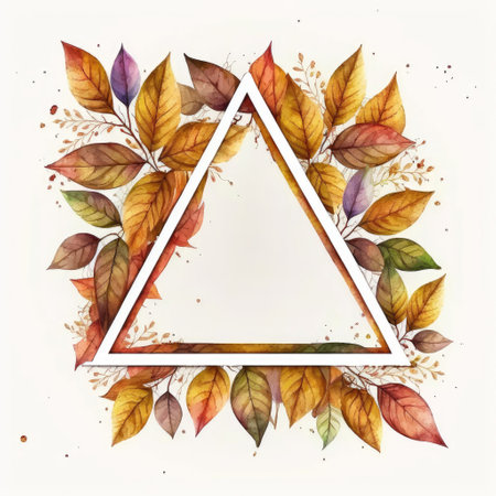 Triangle or diamond frame with autumn leaves watercolor painted isolated on white background. Theme of vintage minimal art design in geometric. Finest generative AI.の素材
