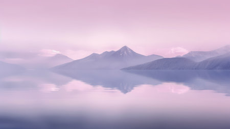 Beautiful mountain lake and natural environment in the morning background. Tranquil purple pink sunset mood lighting in panoramic mountainous and nature lake shore scenery. Picturesque generative AIの素材