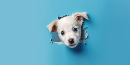 Cute Puppy peeking out of a hole in wall, torn hole, empty copy space frame, mockup. Generative AI image weber.の素材