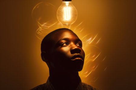 bright light bulb floating above of young african mans head. beautiful Generative AI AIG32の素材