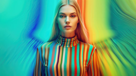 Young female model posing with trendy fashion outfit and colorful green optical art abstract background. Picturesque generative AIの素材