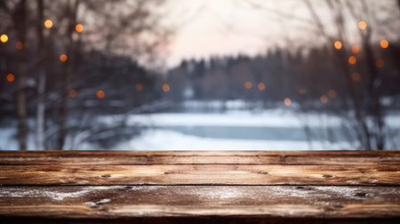 The empty wooden dark brown rustic table top with blur background of winter forest in finland. Generative AI image AIG30.の素材