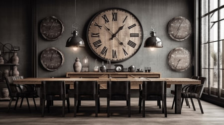 Interior design inspiration of Industrial Rustic style home dining room loveliness decorated with Metal and Wood material and Oversized Clock .Generative AI home interior design .の素材