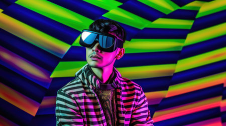 Young male model wearing VR posing with trendy man fashion outfit and colorful red optical art abstract background. Picturesque generative AIの素材