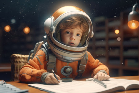 kid in spacesuit helmet floating through classroom, studying astrology. beautiful Generative AI AIG32の素材