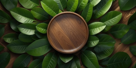 Flat lay photo brown wooden and green leaf around it, copy space background. Generative AI image weber.の素材