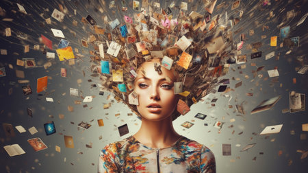 Overwhelming information data explode out of head of young human brain, too much media, too much information, maximalism, news, social media addiction. Generative AI image weber.の素材
