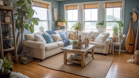 Living room decor, home interior design . Coastal Rustic style with Large Windows decorated with Wood and Wicker material . Generative AI AIG26.の素材