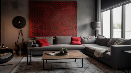 Living room decor, home interior design . Modern Industrial style with Large Wall Art decorated with Concrete and Steel material . Generative AI AIG26.の素材