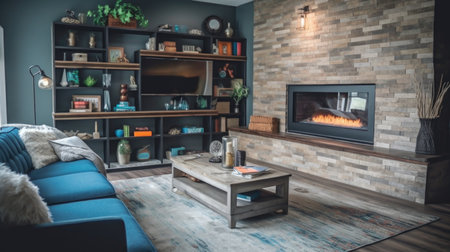 Living room decor, home interior design . Contemporary Industrial style with Fireplace decorated with Wood and Metal material . Generative AI AIG26.の素材