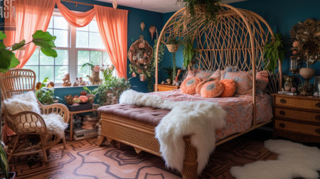 Bedroom decor, home interior design . Bohemian Eclectic style with Gallery Wall decorated with Rattan and Textiles material . Generative AI AIG26.の素材