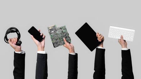 Panoramic banner hand holding electronic waste on isolated background. Eco-business recycle waste...