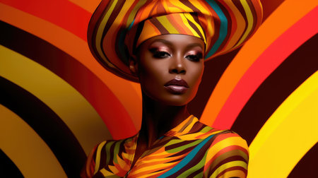 Young african female model posing with trendy fashion outfit and colorful vibrant orange optical art abstract background. Picturesque generative AIの素材