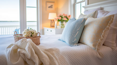 Bedroom decor, home interior design . Coastal Traditional style with Window decorated with Wicker and Linen material . Generative AI AIG26.の素材