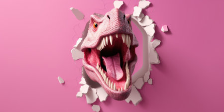 Cute T-Rex peeking out of a hole in wall, torn hole, empty copy space frame, mockup. Generative AI image weber.の素材