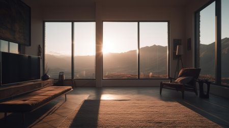 Living room decor, home interior design . Minimalism Mountain peak style with Golden hour decorated with Rocky and Clear blue material . Generative AI AIG26.の素材
