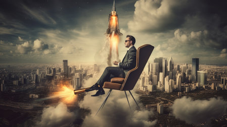 Businessman with rocket taking off as concept of business startup with sky and city background. Picturesque generative AIの素材