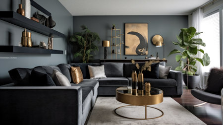 Living room decor, home interior design . Modern Art Deco style with Fireplace decorated with Marble and Velvet material . Generative AI AIG26.の素材