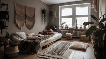 Bedroom decor, home interior design . Bohemian Scandinavian style with Hanging Plant decorated with Natural Fibers and Wood material . Generative AI AIG26.の素材