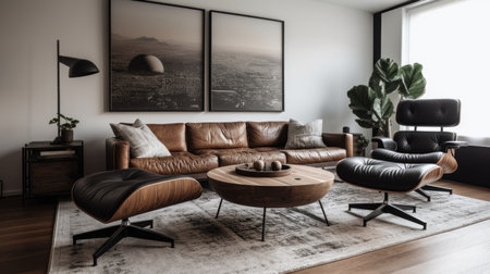 Living room decor, home interior design . Modern Mid-Century style with Artwork decorated with Leather and Wood material . Generative AI AIG26.の素材