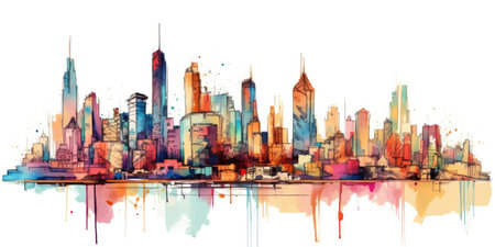 one continuous line drawing colorful sketch loose strokes splotchy freehand city skyline. beautiful Generative AI AIG32の素材