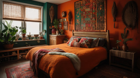 Bedroom decor, home interior design . Bohemian Eclectic style with Wall Hanging decorated with Textile and Wood material . Generative AI AIG26.の素材