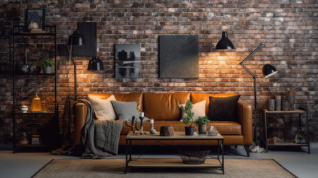Living room decor, home interior design . Industrial Bohemian style with Brick Wall decorated with Metal and Leather material . Generative AI AIG26.の素材