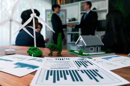 Mockup electric car with eco-friendly energy infrastructure on table with blurred background of productive business team meeting to contribute natural preservation and sustainable future. Quaintの写真素材