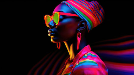 Young african female model posing with trendy fashion outfit and colorful glowing vibrant green and pink optical art abstract background. Picturesque generative AIの素材