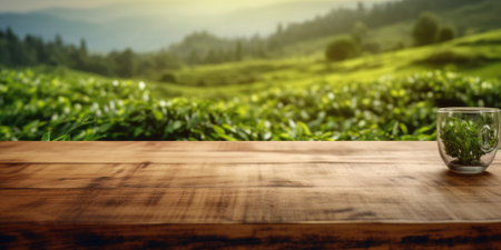 The empty wooden table top with blur background of tea plantation. Generative AI image AIG30.の素材