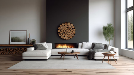 Living room decor, home interior design . Modern Minimal style with Fireplace decorated with Wood and Metal material . Generative AI AIG26.の素材