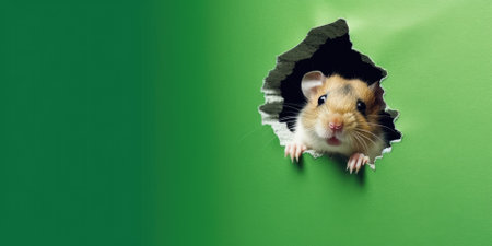 Cute Hamster peeking out of a hole in wall, torn hole, empty copy space frame, mockup. Generative AI image weber.の素材