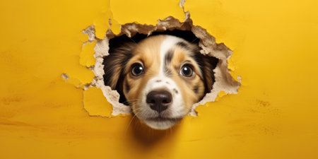 Cute Puppy peeking out of a hole in wall, torn hole, empty copy space frame, mockup. Generative AI image weber.の素材