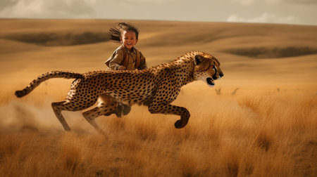 A little boy excited with riding on a cheetah that running fast speed across a vast savannah. Generative AI AIG27.の素材
