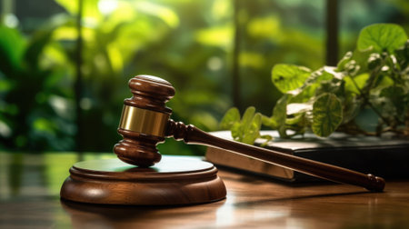 A gavel on a table top with green environment in blur background. beautiful Generative AI AIG32の素材