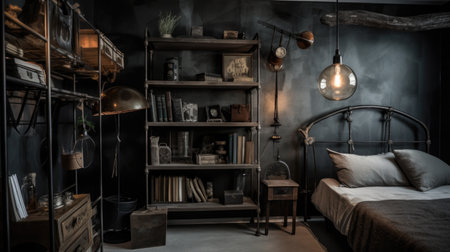 Bedroom decor, home interior design . Industrial Vintage style with Pendant Light decorated with Concrete and Metal material . Generative AI AIG26.の素材