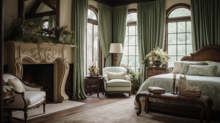 Bedroom decor, home interior design . Traditional French Country style with Fireplace Mantel decorated with Stone and Fabric material . Generative AI AIG26.の素材