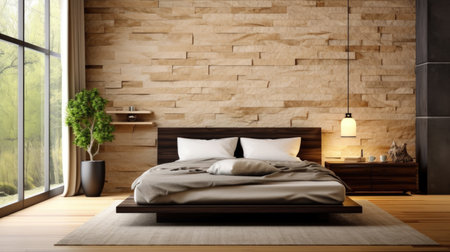 Bedroom decor, home interior design . Contemporary Japanese style with Accent Wall decorated with Wood and Stone material . Generative AI AIG26.の素材