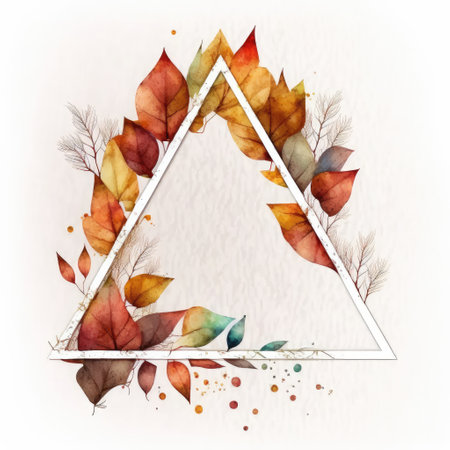 Triangle or diamond frame with autumn leaves watercolor painted isolated on white background. Theme of vintage minimal art design in geometric. Finest generative AI.の素材