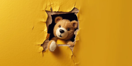 Cute Teddy Bear peeking out of a hole in wall, torn hole, empty copy space frame, mockup. Generative AI image weber.の素材
