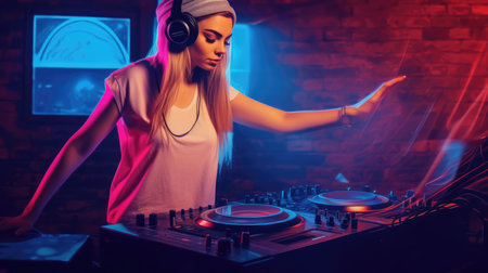 dj woman having fun playing music at club party. Generative AI image AIG30.の素材
