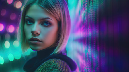 Beautiful model with colorful and trendy outfit with glowing purple green neon light, colorful dyed hair and fashionable glitch core teenager girl. Picturesque generative AIの素材