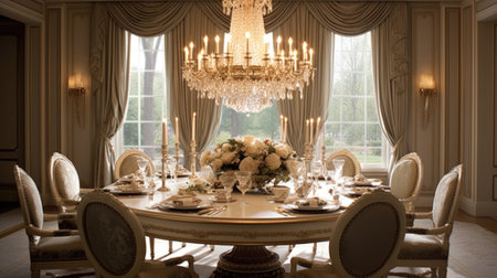 Interior design inspiration of Traditional Glamorous style home dining room loveliness decorated with Wood and Crystal material and Chandelier .Generative AI home interior design .の素材
