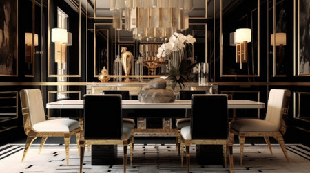 Interior design inspiration of Art Deco Glamorous style home dining room loveliness decorated with Glass and Brass material and Mirrors .Generative AI home interior design .の素材
